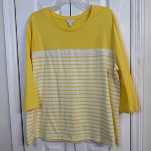 ✨Coral Bay Woman Top Striped‎ Lace Trim 3/4 Sleeve Casual Yellow White 1X plus